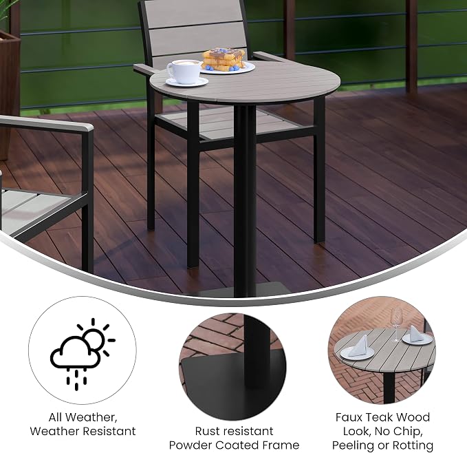 Flash Furniture Finch Commercial Grade Round 24" Table with Faux Teak Poly Slats and Steel Frame, Gray/Gray