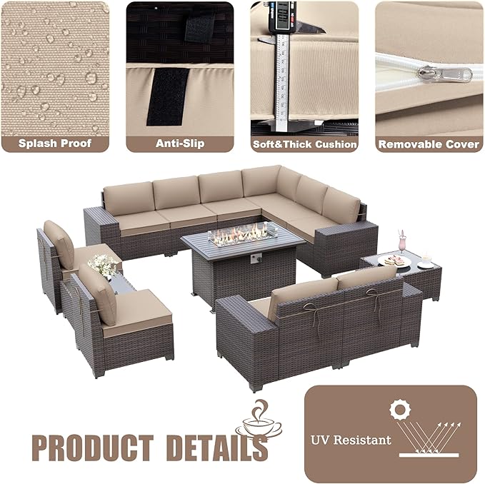 Patio Furniture Sectional Sofa Set 13PCS PE Rattan Patio Conversation Set w/43in Gas Fire Pit Table, Outdoor Furniture with 55000 BTU Propane Fire Pit, Sand