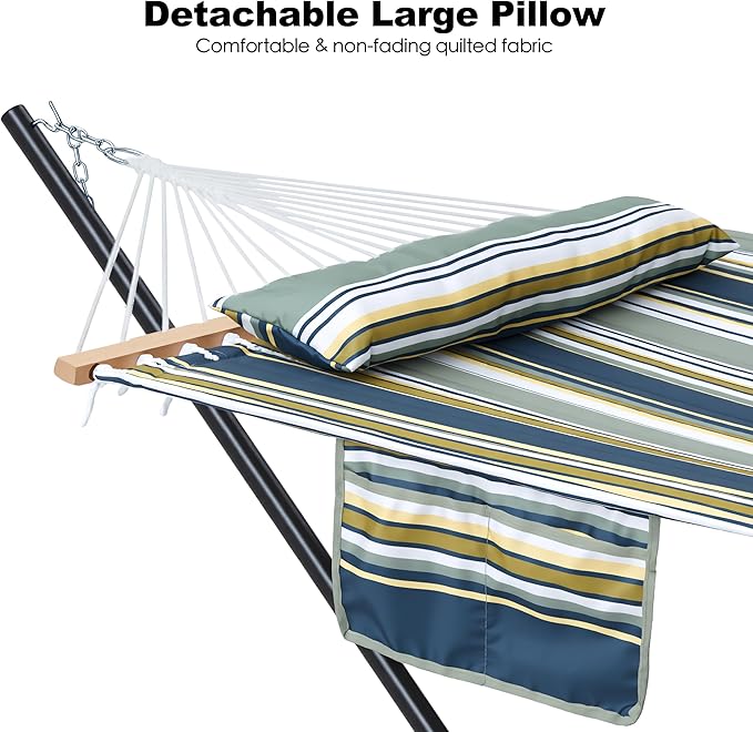 2 Person Hammock with Stand for Outside, Heavy Duty Steel Stand, Double 55inch Hammocks, Large Removable Pillow, Storage Bags, Max 475 lbs Capacity (Ridge Olive Green)