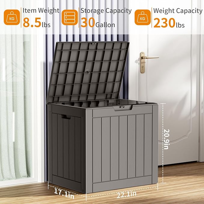 PatioZen 30 Gallon Resin Deck Box, Lockable Outdoor Storage Box for Patio Cushions Storage Furniture,Garden Tools, Pool Supplies, Weatherproof and UV Resistant (Grey)