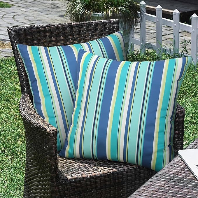 Adabana Blue Outdoor Waterproof Throw Pillow Covers 18x18, Decorative Colorful Striped Pillows Cover Set of 2 for Patio Garden Porch