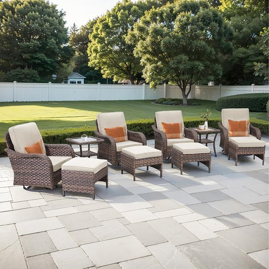 10 PCS Patio Furniture Set, 4 Swivel Rocking Chairs with 4 Ottomans & 2 Side Tables, 4-Inch Thick Olefin Cushions, 300 lbs Capacity Wicker Swivel Rocker Chairs for Porch, Fire Pit, Beige