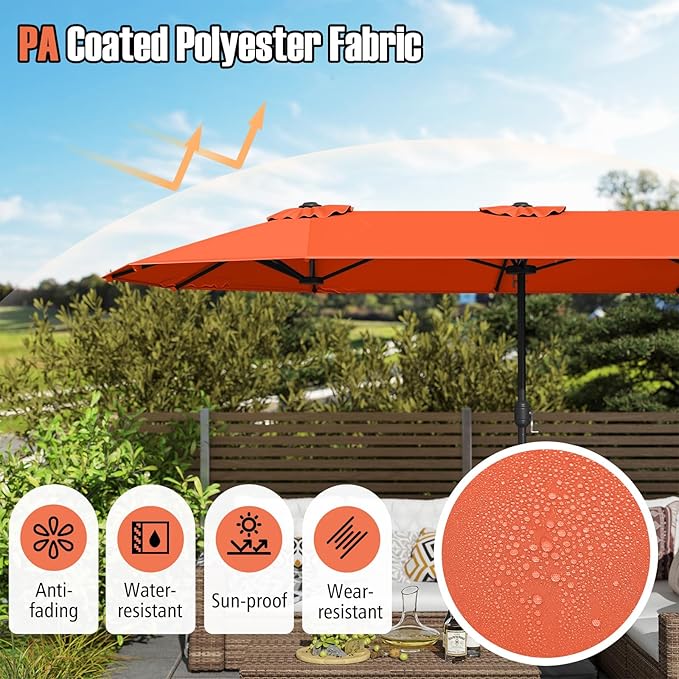 Tangkula 13FT Double-sided Patio Umbrella, Extra Large Twin Table Umbrella with Crank Handle, Umbrella Base, Safety Lock, Air Vent, Outdoor Market Umbrella for Garden Pool Backyard (Orange)