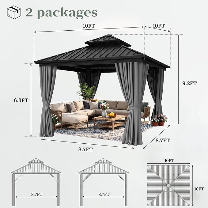 YITAHOME 10X10FT Hard Top Gazebo Patios Outdoor Double Roof Canopy Aluminum Frame Garden Gazebo with Curtains Netting for Backyards Decks Lawns, Gray