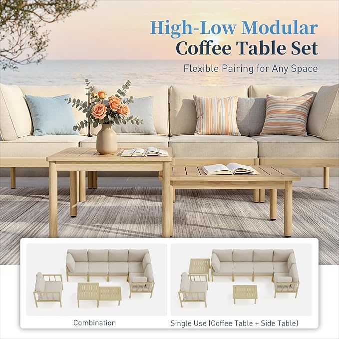 SUNSHINE VALLEY Patio Furniture,Acacia Wood Outdoor Sectional Sofa with 5.5" Ultra-Thick Cushions,L/U Shaped Modular Patio Conversation Set,Lawn Garden Backyard Couch Set with Nesting Tables,Beige