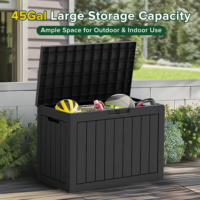 Outdoor Storage Box, 50 Gallon Waterproof Deck Box, Snap-Together Storage Bin for Chair Cushions, Porch Throw Pillows, Lockable Small Coffee Table Ottoman, Patio Garden, Black