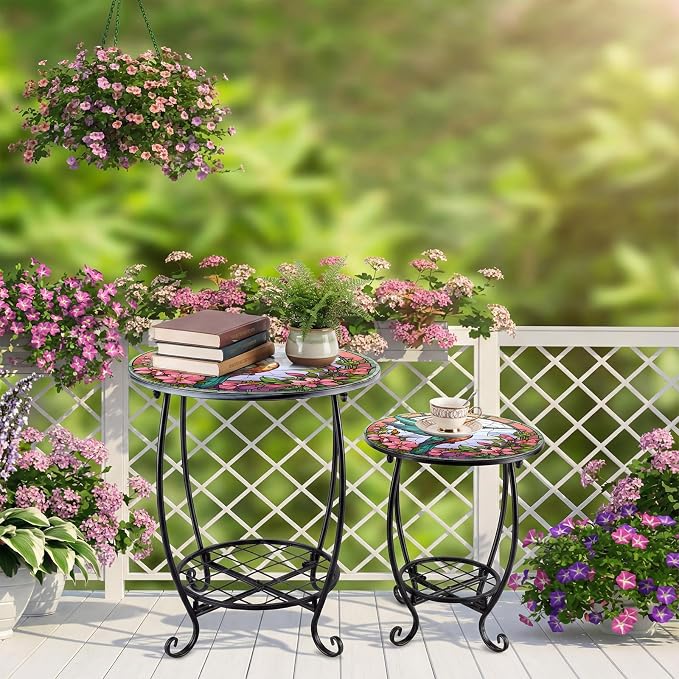 Cinnvoice 2 Pcs Outdoor Side Table Small Patio Round Mosaic Accent End Table Indoor Plant Metal Coffee Tea Tables for Patio Yard Porch Garden Living Room(12" and 16",Hummingbird Style)