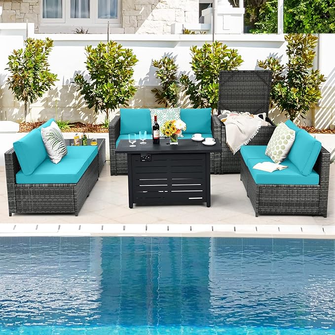 Tangkula 9 Pieces Patio Rattan Furniture Set, Patiojoy Sectional Sofa Set w/Storage Box, Coffee Table, Outdoor Wicker Conversation Set w/ 42” ETL Approved Propane Fire Pit Table (Turquoise)