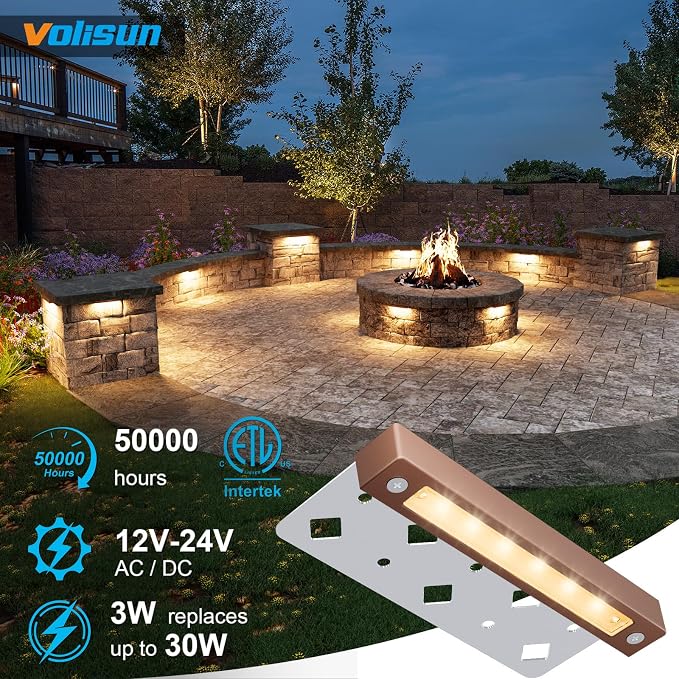 VOLISUN 7 Inch Retaining Wall Lights, 2700K Hardscape Lighting, 24 Pack | IP65 Waterproof, Cuttable Low Voltage Landscape Lighting, 12V Paver Lights, 3W Outdoor Step Lights, ETL