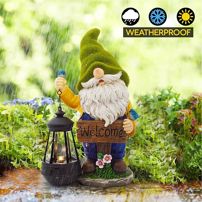 Olekki Christmas Garden Gnomes Outdoor - Flocked Gnome Statue Holding Lantern with Solar LED Lights | Gnomes Garden Decorations for Patio, Yard, Lawn Ornaments - Gnome Gifts