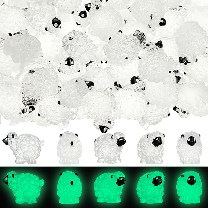 Suzile 50 Pcs Mini Sheep Figurine Miniature Resin Sheep Figurine White Lamb Figure Cute Animal Statue Landscape Little Decor for Spring Summer Outdoor Garden DIY Ornament Cake Topper(Luminous Style)