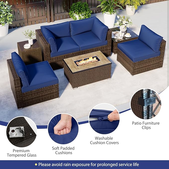 Tangkula 7 Pieces Patio Furniture Set with 32” Fire Pit Table and Propane Tank Cover, Outdoor PE Wicker Sectional Conversation Set with Cushions for Deck, Backyard, Protective Cover Included
