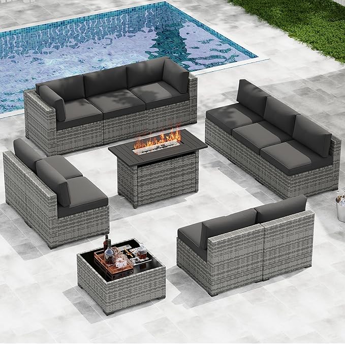 LazySunsets 12-Piece Patio Furniture Set with 44" Fire Pit Table, Wicker Outdoor Furniture, Patio Conversation Sets with Coffee Table, Outdoor Sectional Couch with Waterproof Cover, Black