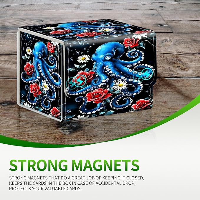 Card Deck Box for MTG, Cards Storage Box Fits 120+ Sleeved, Leather Small Size Strong Magnetic Closing Card Case for Board Games Magic TCG CCG Baseball Collection, Rose Octopus
