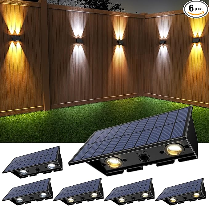 Solar Fence Lights,6Pack Solar Lights Outdoor Warm White & Natural Light & Cool White Up & Down Solar Wall Lights Waterproof 100 Lumens Fence Light forBackyard/Pool/Railing/Patio/Porch/Step