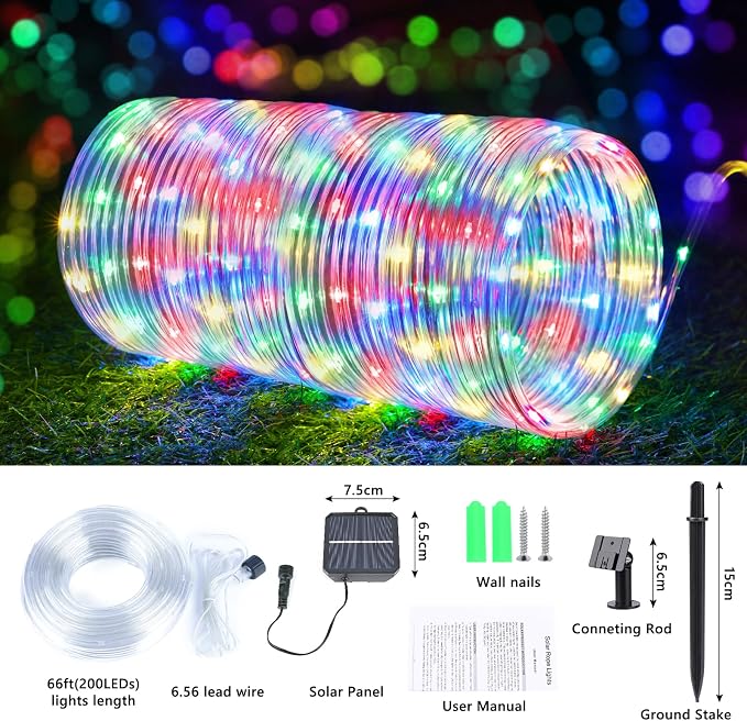 Solar Rope Lights, 2 Packs Total 132ft 400LED Solar String Lights, 8 Modes Waterproof Solar Outdoor Light, Flexible Clear Trampoline Light for Garden Backyard Patio Deck Pool Tree Decor - Multicolor
