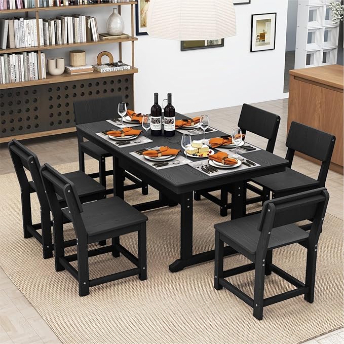7-Piece HDPE Outdoor Patio Dining Set,Modern Plastic Dining Sets，Patio Table and Chairs Set with Umbrella Hole Cut-Out Table and 6 Chairs Black
