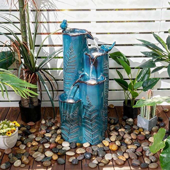 32" H Ceramic Outdoor Water Fountain, 4-Tier Tropical Cascading Waterfall with LED, Turquoise Glaze & Embossed Fern Pattern, Bird-Attracting Water Feature for Garden Patio Yard & Porch Decor