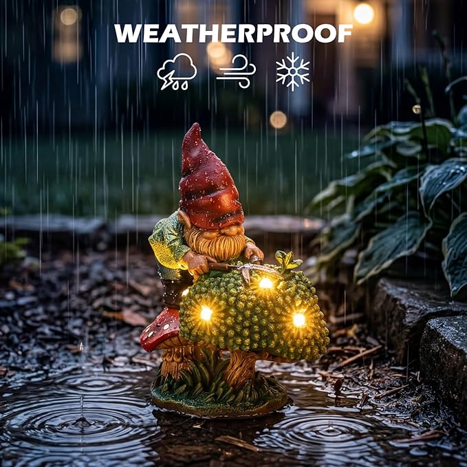 EXYGLO Solar Gnome Garden Statue Decor, 7.4" Gnome Gardener Outdoor Funny Decoration for Lawn, Patio, Yard, and Unique Housewarming, Birthday Ornament Gift for Mother, Friend, Family