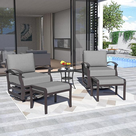 ALAULM 5 Piece Aluminum Outdoor Swivel Chairs High Back Metal Swivel Rocking Chairs with 5.1" Sponge Cushions, 2 Ottmans and 1 Coffee Table for Patio, Porch, Backyards, Garden(Grey)
