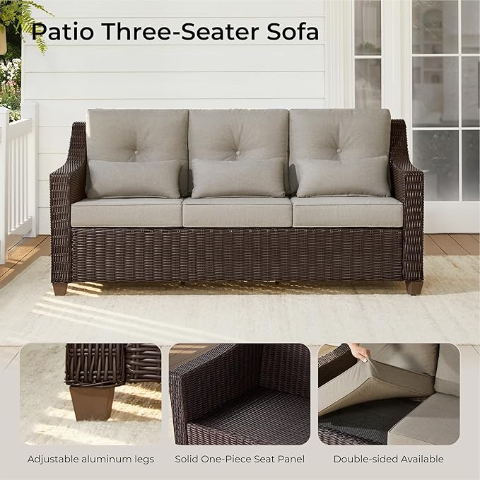CHITA Wicker Outdoor Furniture Patio Sofa, Oversized 3-Seater Rattan Couch with 5.1'' Thick Cushions and Rust-Resistant Aluminum Legs