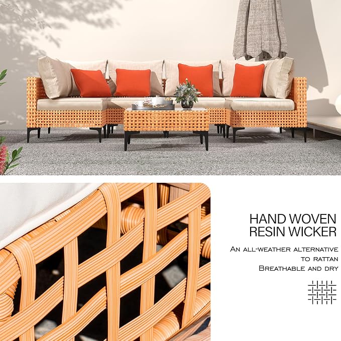 3 Piece Outdoor Patio Furniture Set Modular Outdoor Furniture Set Wicker Outdoor Sectional Sofa with Cushions Patio Set for Balcony Porch Deck Yard (Salmon&Orange Wicker, Sand Cushion)
