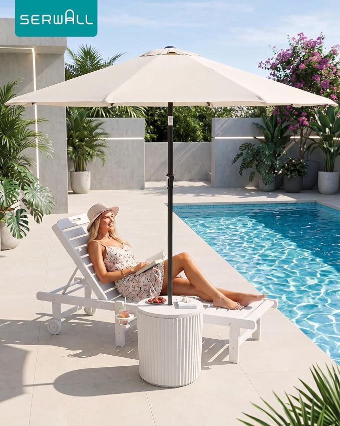 SERWALL Round Outdoor Umbrella Side Table Set of 2 - Outdoor Patio Table with Umbrella Hole for Porch/Patio/Poolside, Beige