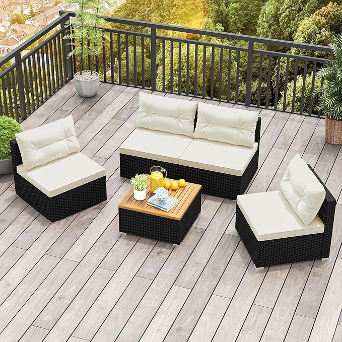 5 Pieces Patio Furniture Set, Outdoor Sectional Sofa with Acacia Wood Coffee Table & Cushions, Wicker Patio Conversation Set for Porch, Deck, Balcony, Poolside & Backyard (Off White)