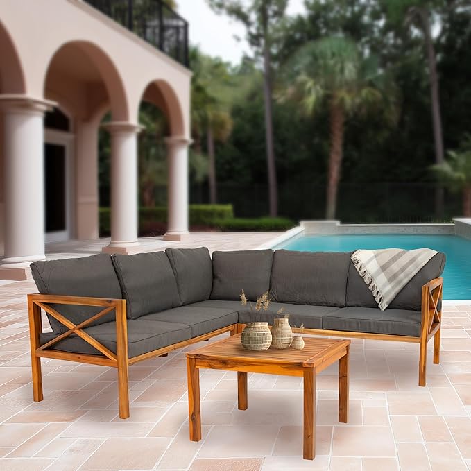 Sunnydaze 4-Piece Acacia Wood Patio Furniture Set - Edisto Outdoor Conversation Set - Wood Outdoor Furniture - Natural Gray