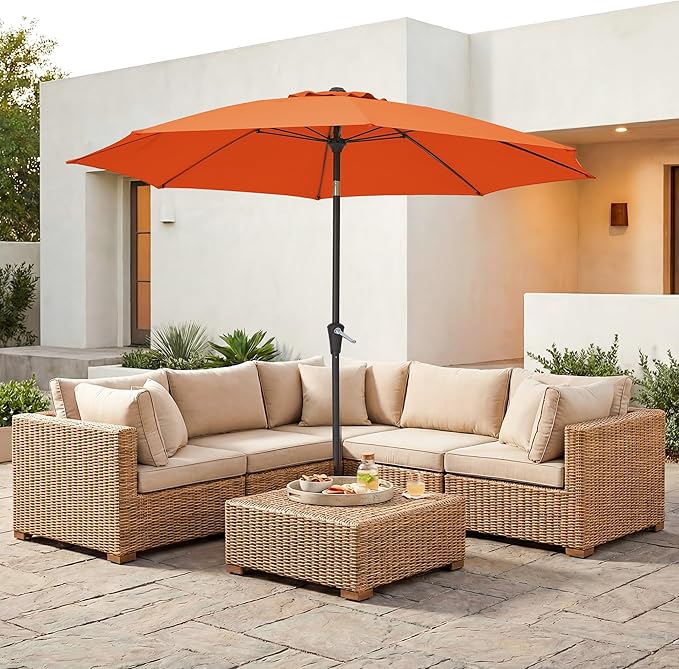 JEAREY 9FT Outdoor Patio Umbrella,Market Table Umbrella with 8 Fiberglass Ribs, Pool Umbrella with Tilt and Crank, UV Protection Lightweight & Wind-Resistant for Lawn, Garden, Deck and Backyard, Orange
