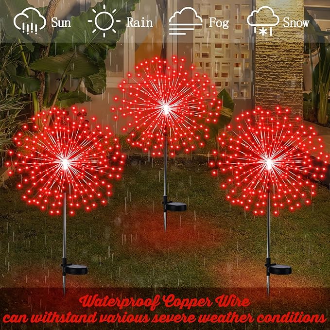 Tujoe 6 Pcs Christmas Solar Firework Stake Lights 180 LED 8 Modes Solar Waterproof LED Sparkler Lights Outdoor Decoration for 4th of July, Xmas Holiday Garden Patio Yard Pathway Walkway, Red