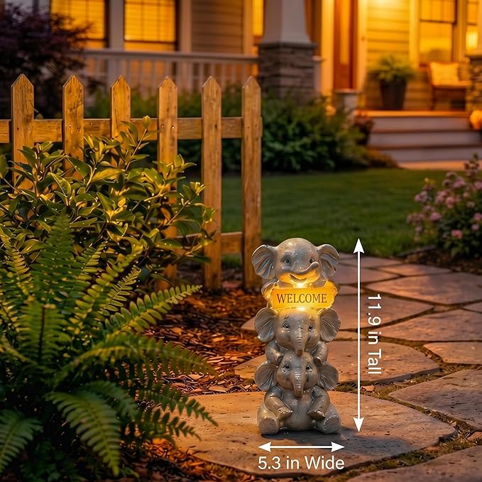 Lyeasw Solar Elephant Garden Statue with Lighted Welcome Sign, Outdoor Decor for Patio Porch Yard, Cute Elephant Family Figurine for Garden, Gift for Mom Grandma Garden Lovers