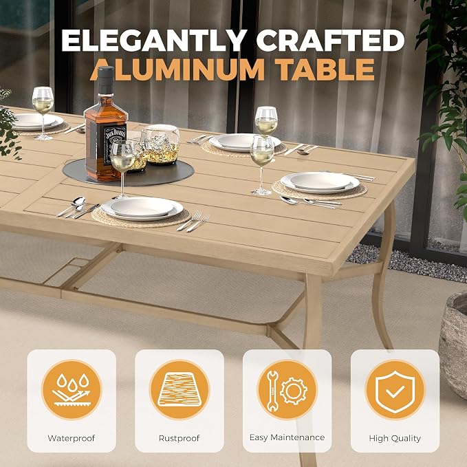 HAPPATIO Outdoor Dining Table for 8, Aluminum Rectangle Outdoor Dining Table with Umbrella Hole, All-Weather Aluminum Patio Dining Table for Garden Yard Poolside, Only Table, Beige