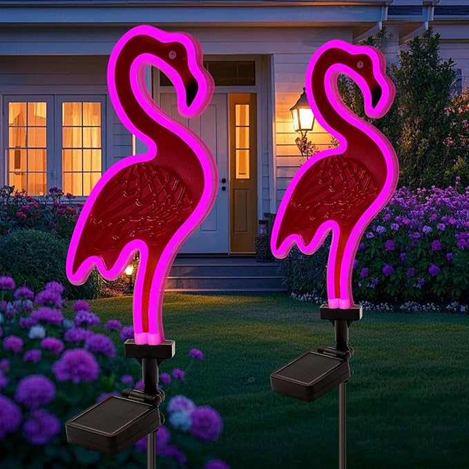 ANGMLN 1 Solar Flamingo Pink Neon Light with Flower