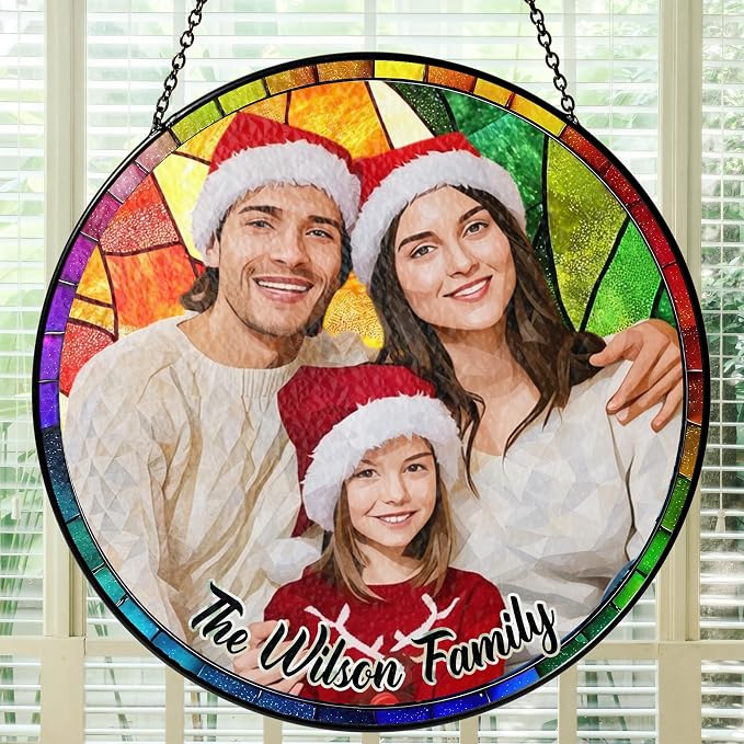 Personalized Stained Glass Christmas Suncatcher – Custom Family Photo Window Decor – First from Mom and Dad – Holiday Ornament Keepsake for Family