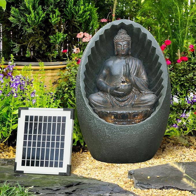 Tankana Solar Water Fountain Outdoor Half-Encased Egg-Shaped Buddha Garden Fountains with Light Pump Solar Panel, Tranquil Relaxing Water Feature for Home Garden Patio Yard Balcony, Black