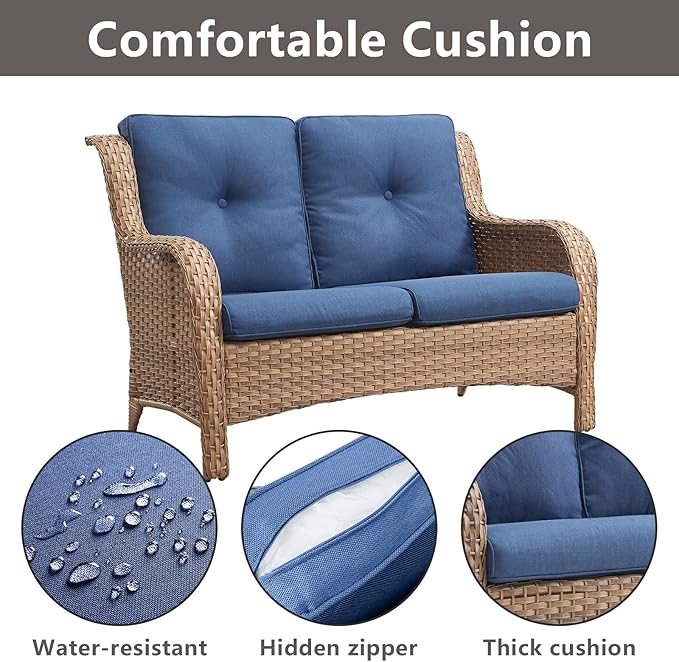 Rilyson Outdoor Loveseat Wicker Patio Sofa - 2 Seat Rattan Outdoor Couch Patio Furniture with Deep Seating and Comfortable Cushions for Porch Deck Balcony(Yellow/Blue)