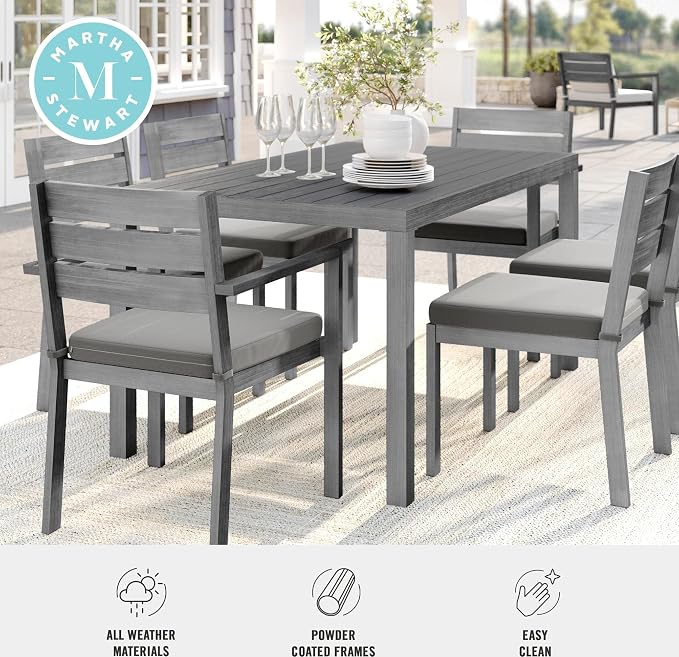 Martha Stewart Bedford 62" Indoor-Outdoor Aluminum Patio Table with Umbrella Hole and Brushed Woodgrain Finish in Gray