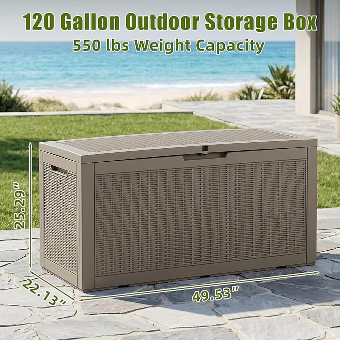 ROJIK 120 Gallon Waterproof Outdoor Deck Storage Box, Lockable Resin Patio Storage Bin with Lid for Garden Tools, Patio Cushions & Outdoor Accessories(Grey)