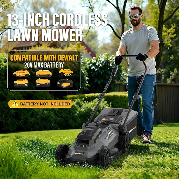13-Inch Cordless Lawn Mower Compatible with Dewalt 20V MAX Battery, Brushless Electric Mower with 5-Position Height Adjustment & 8 Gal Bag for Small Yards (Tool Only)