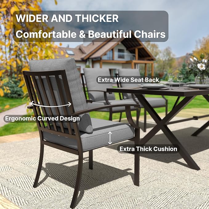 Gotland 7 Piece Outdoor Dining Set, Metal Outdoor Table and Swivel Chairs with X-Shaped Legs 1.5" Umbrella Hole, Patio Furniture Set with Waterproof Cushions, Patio Dining Sets for Backyard Deck Gray