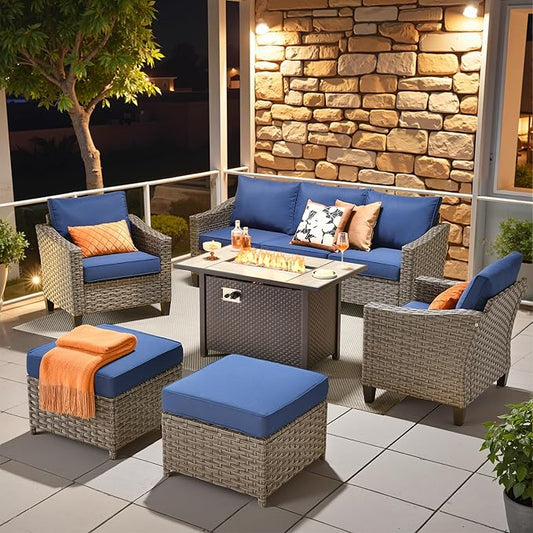 Wicker Patio Furniture Set,7 Pieces Modern Outdoor Conversation Set Sectional Sofa with Cushion and Ottomans for Garden, Poolside, Backyard