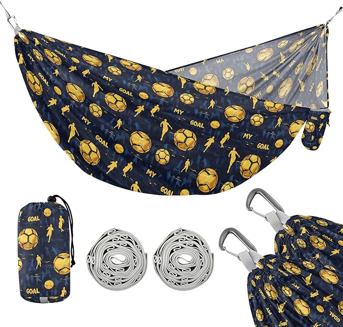 Camping Hammock Outdoor Hammocks for Outside Golden Football Beach Trees Portable Lightweight with Pockets Tree Straps Indoor