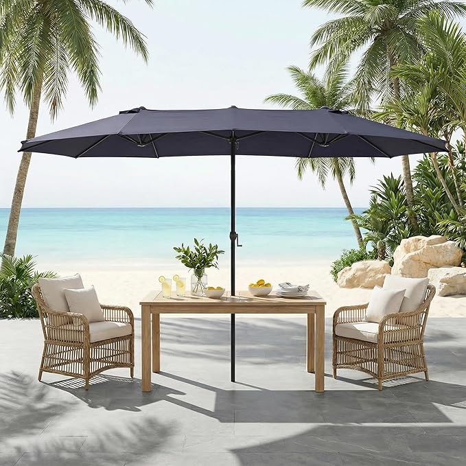 15FT Large Double Sided Patio Umbrella, Aluminum Crank and Heavy Duty Carbon Steel Ribs Outdoor Umbrellas, Fade Resistant Rectangular Market Umbrella for Garden, Patio, Restaurant, Business, Deck, Backyard, Party, Navy Blue