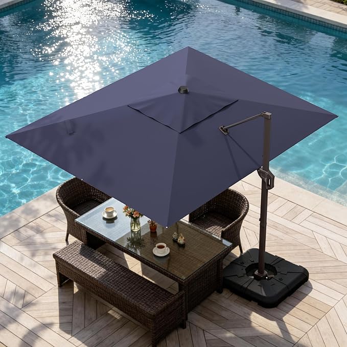 9' X 12' Cantilever Patio Umbrella Rectangle Outdoor Umbrella, 6-Level Tilt & 360° Rotation Offset Umbrella for Garden, Deck, Pool (Navy Blue)