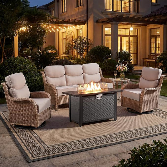 Luxury High Back Patio Furniture Set with 6-Inch Thick Cushions, 5-Pieces Outdoor Furniture with Swivel Chairs Fire Pit, Wicker Conversation Set for Porch, Balcony, Deck and Yard, Yellow/Beige