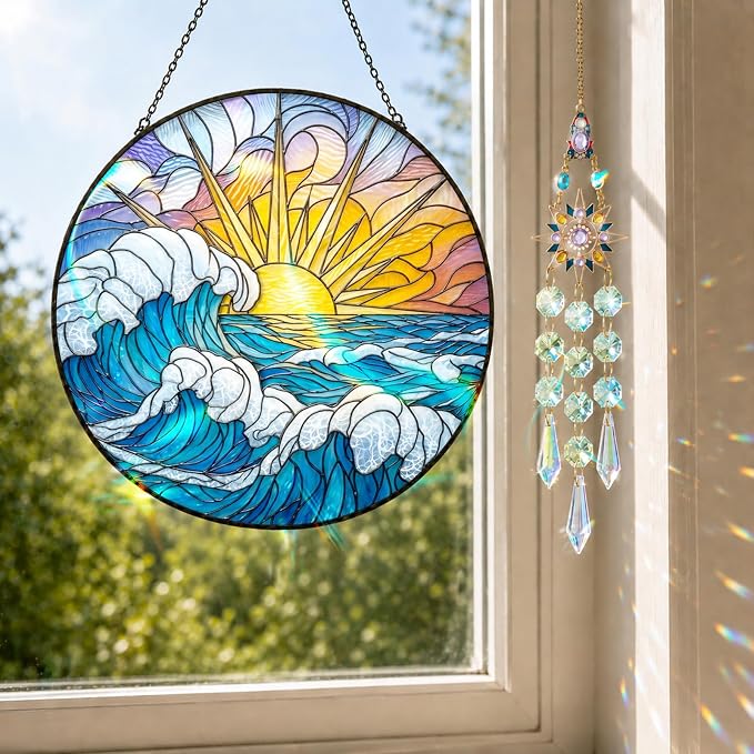 Deluxe Bundle | Stained Glass Window Hanging, Ocean Sunrise 3D Embossed Diamond Glass Suncatcher, 7-Piece Coastal Gift Set with Crystal Pendant & Invisible Hooks