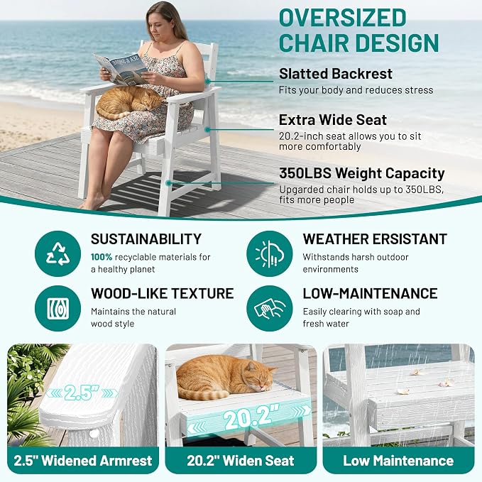 PLUUV Outdoor Dining Set for 8 Person, HDPE Large Table with Aluminum Legs and 8 Armless Chairs, All-Weather Patio Dining Furniture Set with Umbrella Hole for Backyard, Garden, White