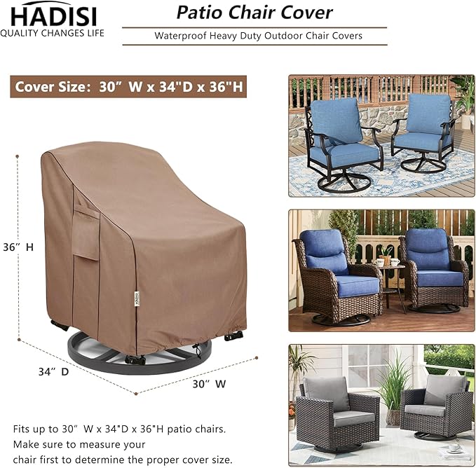 Patio Chair Covers for Outdoor Furniture Waterproof, Heavy Duty Waterproof Outdoor Swivel Chair Cover (30"W x34"D x36"H - Brown)