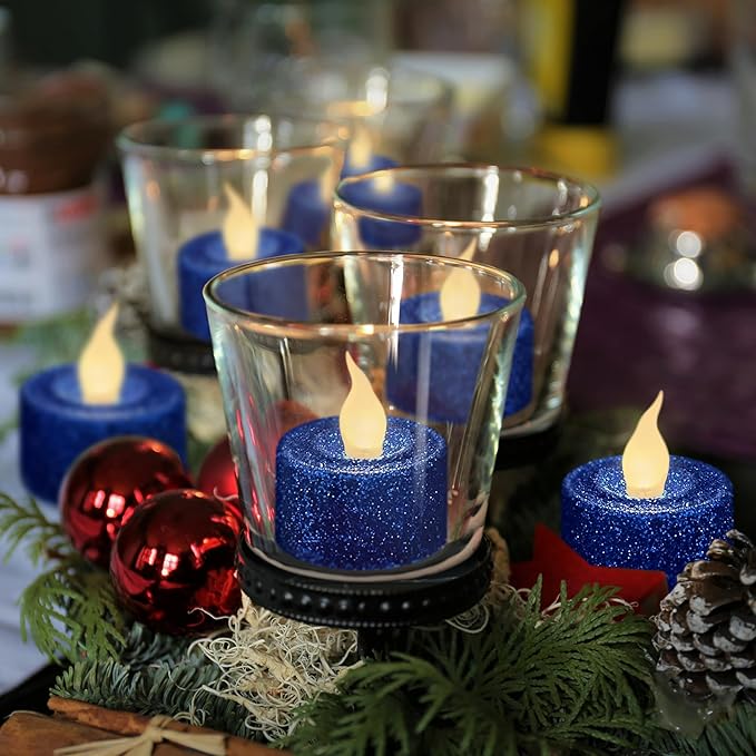 FURORA LIGHTING Royal Blue Glitter LED Tealight Candles Pack of 12, Flameless Flickering Tealight Candles for Home Décor, 1.5’’(W) x 1.65’’(H), Battery Operated